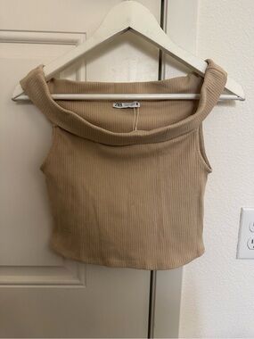 ZARA Ribbed Fold-Over Neck Tank Top in Beige